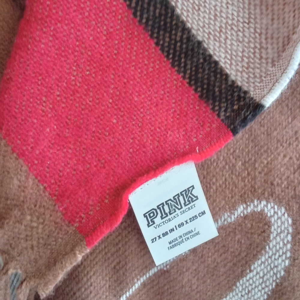 Victoria's Secret Pink Oversized Blanket Scarf Wrap Tan White Pink Stripe Fringe